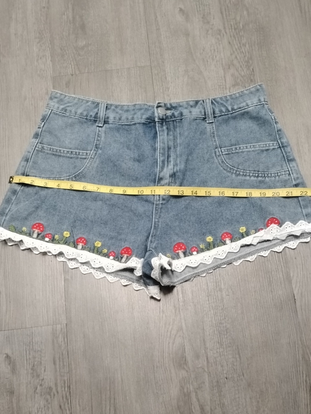 ROMWE Light Blue Denim Shorts with Red Mushroom Embroidery & White Lace